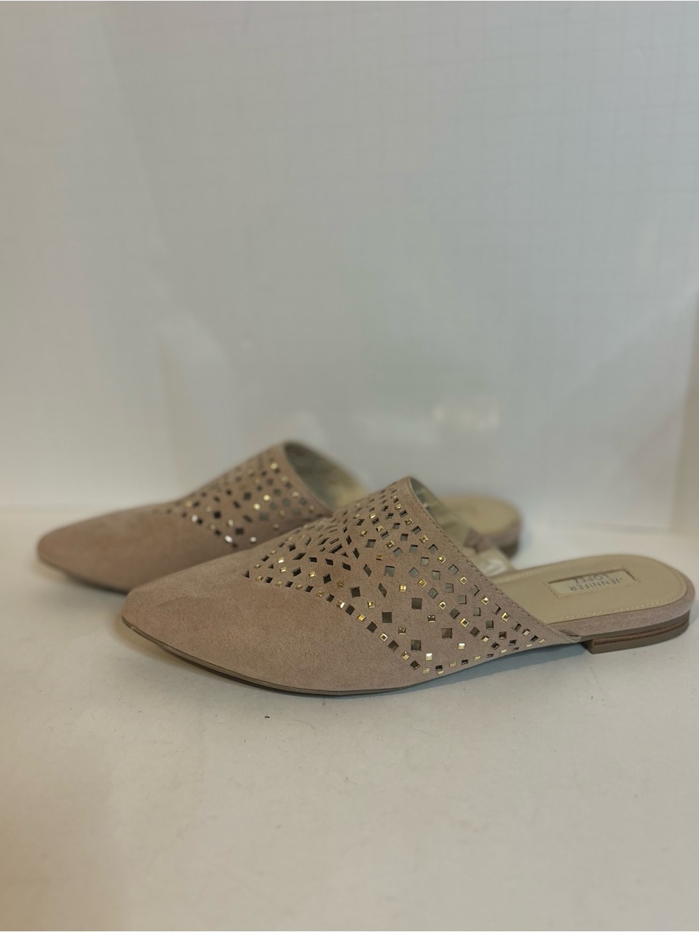 Jennifer Lopez Taupe Pointed Slip-On Mules with Gold Accents